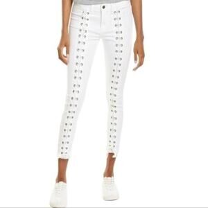 Neon Blonde NWT "Blondie Tie Up Jean" White Mid Rise Skinny Size 29 Ties at Hem